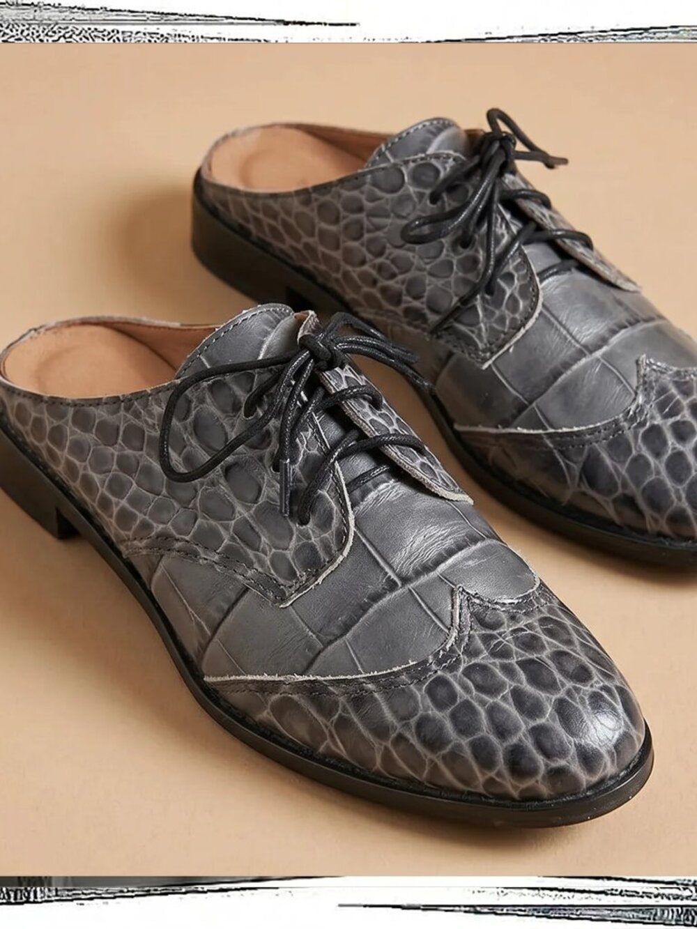 Gray Textured Leather Wingtip Slides (36) by All Black